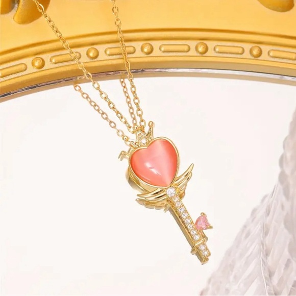 18K Gold Heart Key Pendant Necklace with Pink Cat Eye Stone & Rhinestones. - Picture 1 of 3